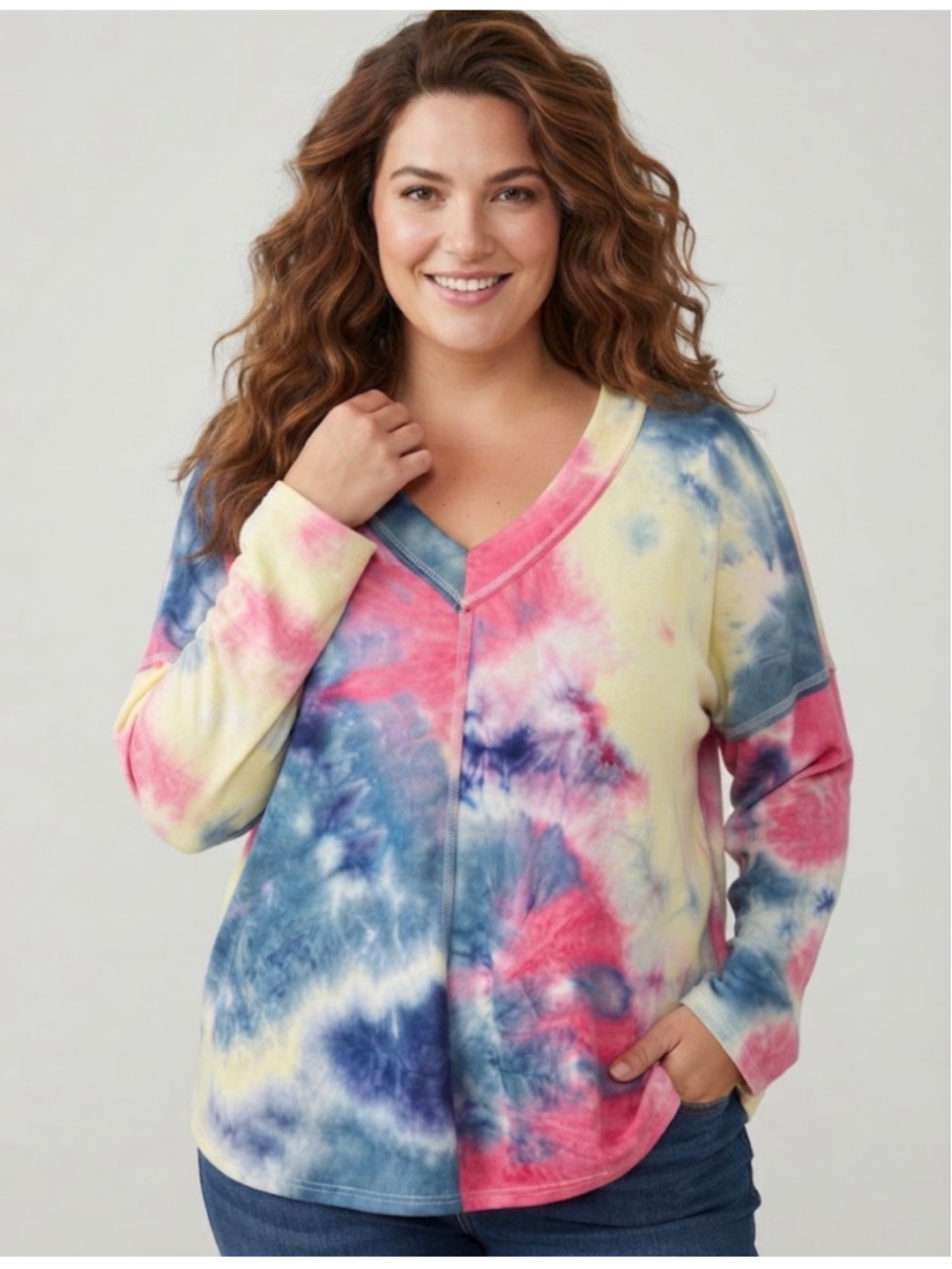 moa moa Long Sleeve Tie-Dye V-Neck Tee, Plus Size 2X, Blue/Pink